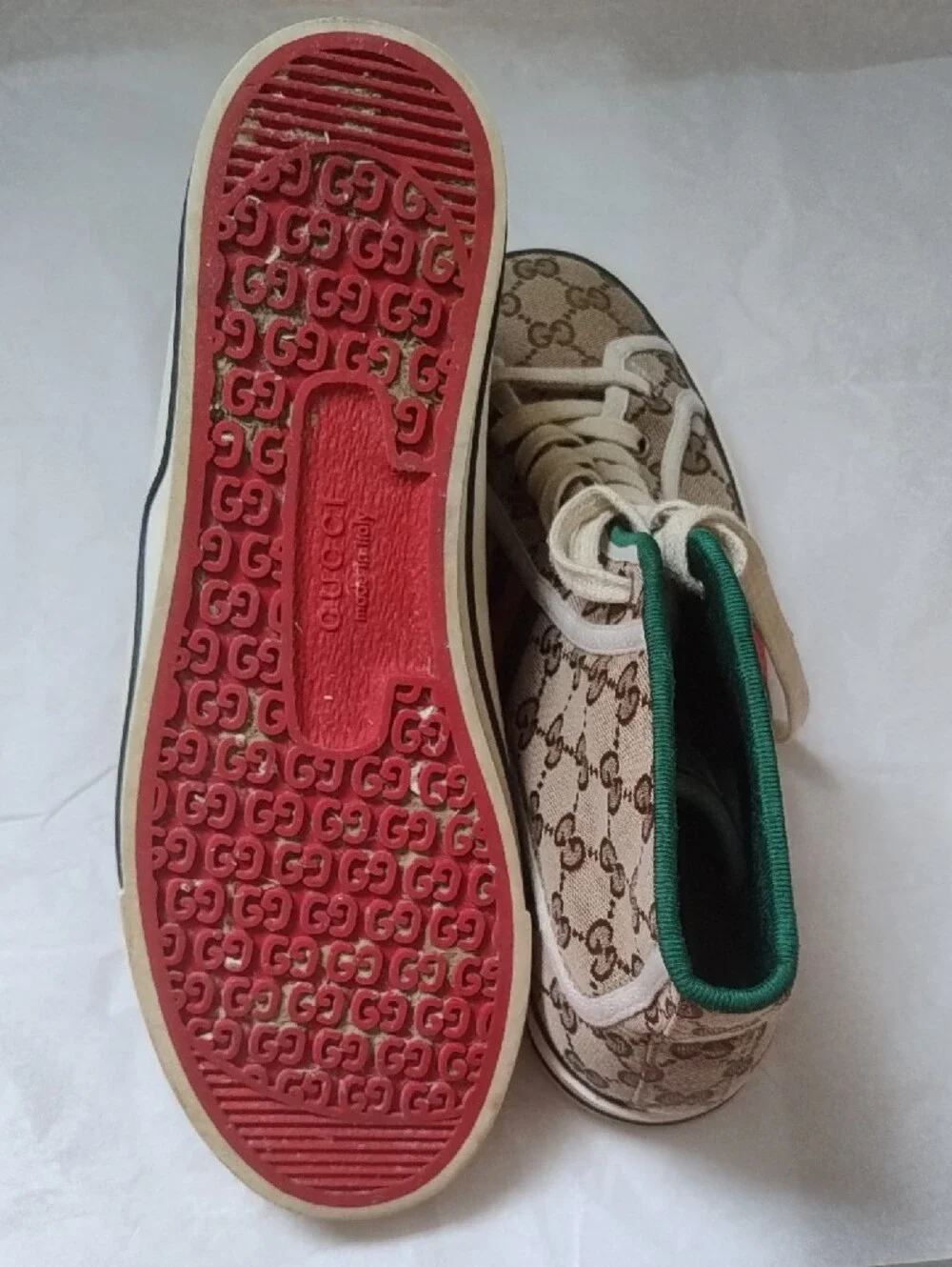 Gucci Beige GG Canvas High-Top Sneakers with Green & Red Stripe Sz 9